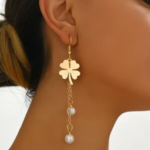 NEW! 14K Gold Plated Elegant Clover Pearl Dangle Drop Hook Earrings